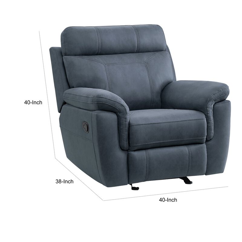 Clif 38 Inch Manual Glider Reclining Accent Chair, Blue Microfiber, Wood - Benzara