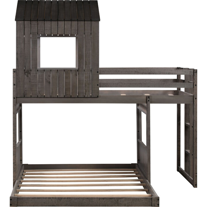 Wooden Twin Over Full Bunk Bed, Loft Bed With Playhouse, Farmhouse, Ladder And Guardrails