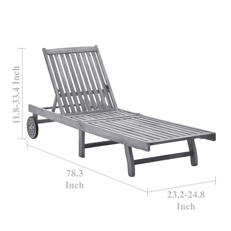Outdoor Sun Chaise Lounger, Gray Solid Acacia Wood, Casters, 78 Inch - Benzara
