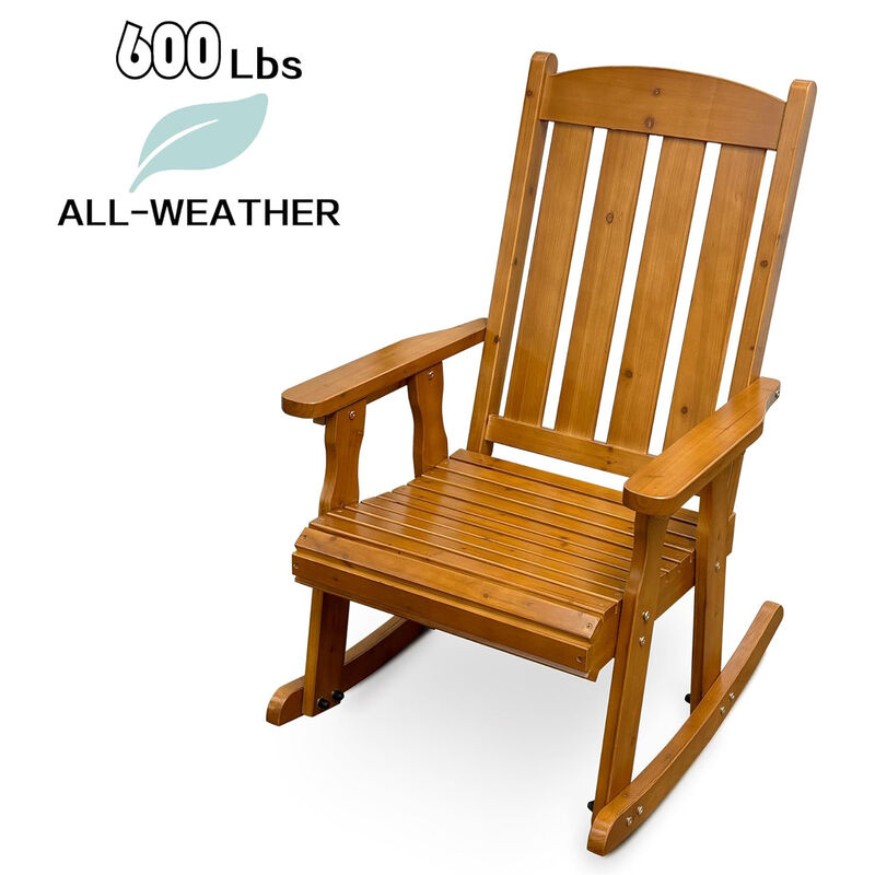 Wooden Rocking Chair with Comfortable Backrest Inclination, High Backrest and Deep Contoured Seat, Solid Fir Wood, Heavy Duty 600 LBS, for Both Outdoor and Indoor, Backyard, Porch and Patio