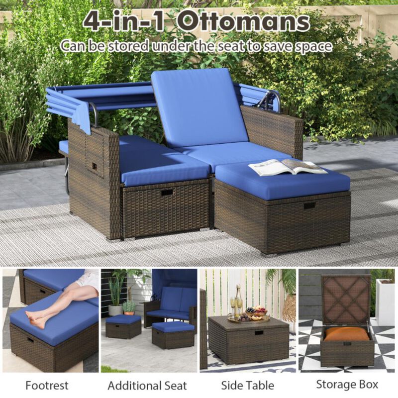 Hivvago Outdoor Patio Rattan Daybed with Retractable Canopy and Adjustable Backrests