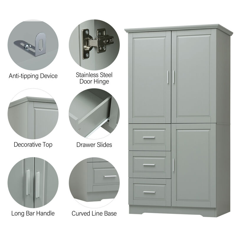 Tall And Wide Storage Cabinet With Doors For Bathroom/Office, Three Drawers