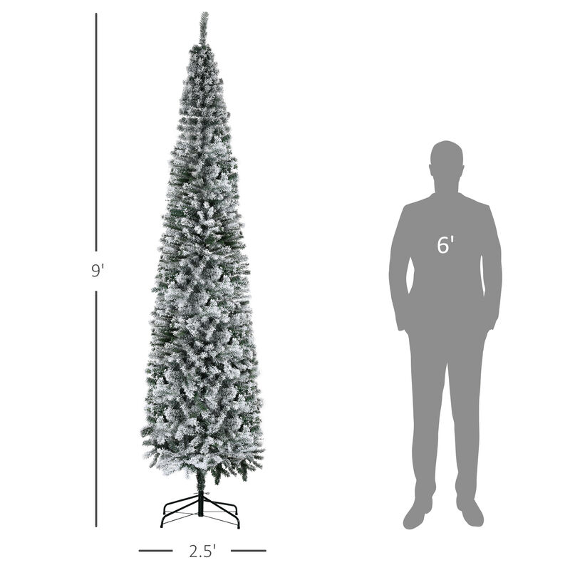 9' Artificial Snow Flocked Christmas Holiday Pencil Tree Winter Xmas Decoration