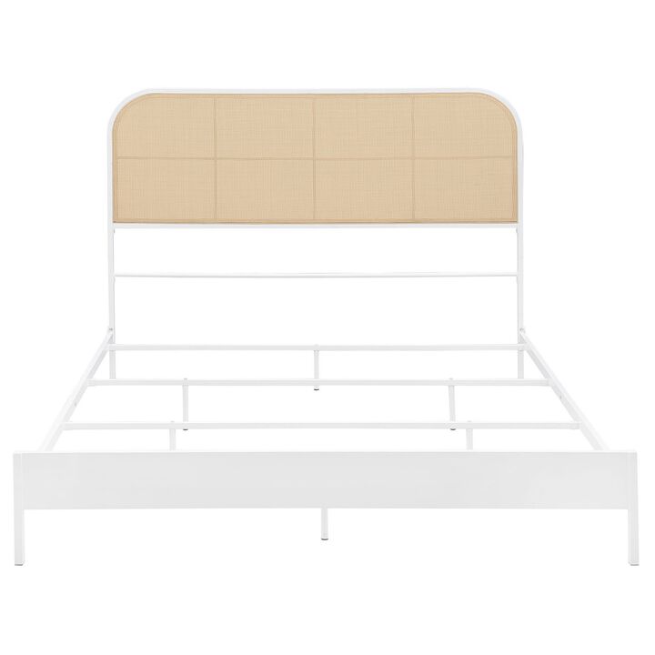 Ammy King Bed, Radio Weave Headboard, Brown Faux Rattan, White Metal  - Benzara
