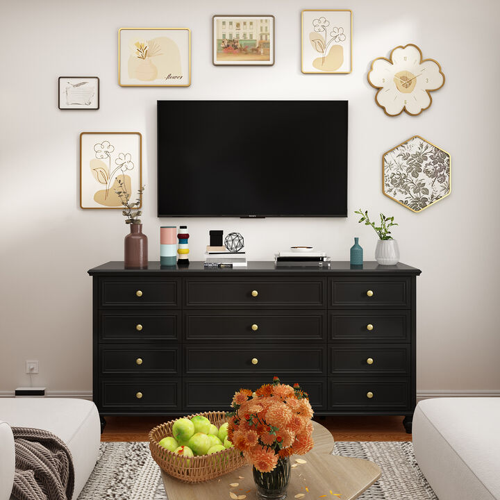 Black Wooden 12-Drawer Chest of Drawers 63 in. W x 31.5 in. H x 15.7 in. D Dresser, Modern European Style