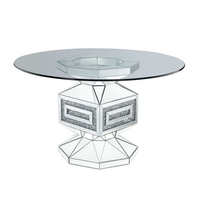 Dining Table with Glass Top and Mirrored Pedestal Base, Silver - Benzara