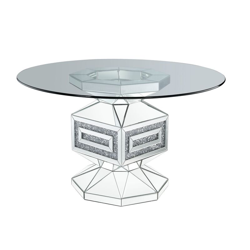 Dining Table with Glass Top and Mirrored Pedestal Base, Silver - Benzara