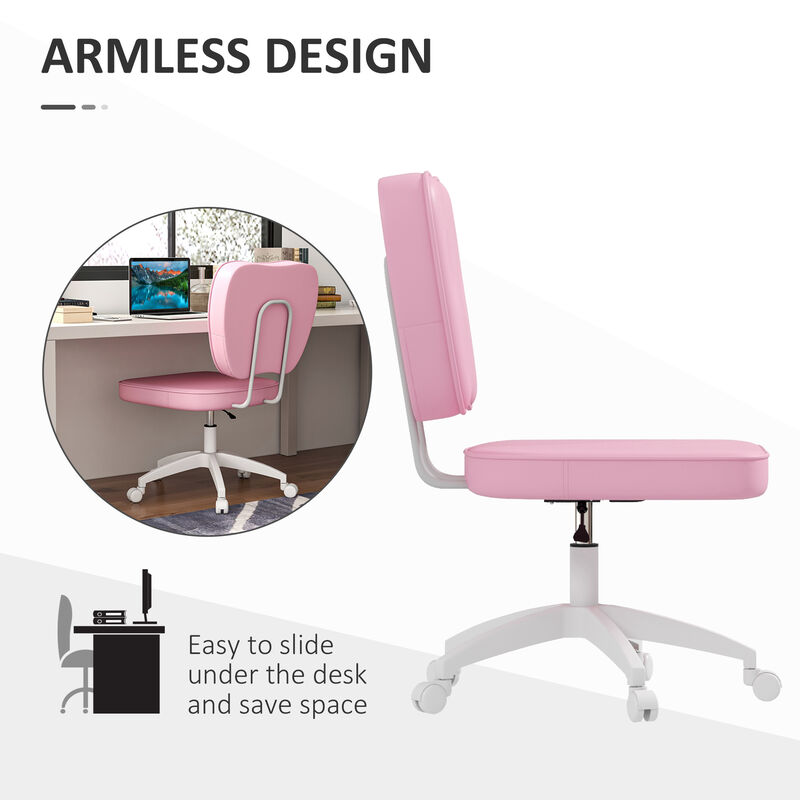 Vinsetto Cute Armless Office Chair, Small PU Leather Computer Desk Chair, Vanity Task Chair with Adjustable Height, Swivel Wheels, Mid Back, Pink