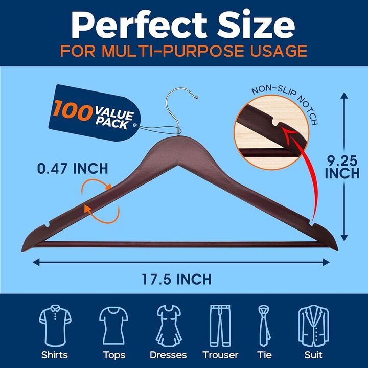 Wooden Clothes Hangers – Durable Space Saving Hanger, Non-Slip, Versatile for Organizing Dress, Coat, and Clothes, Can Hold Up To 10 lbs, With 360 Degree Swivel Hook, Cherry Color, Pack of 100