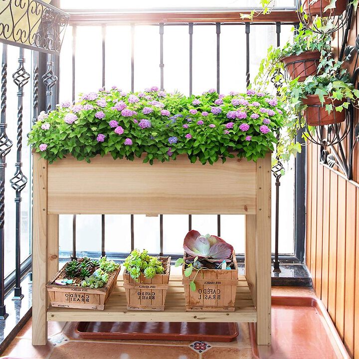 Hivvago Solid Wood 2 Tier Raised Garden Bed Planter Bed with Bottom Storage Shelf