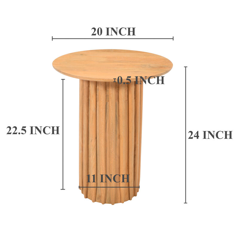 Sejo Side End Table, 20 Inch Round Top with Fluted Base in Natural Brown Mango Wood - Benzara