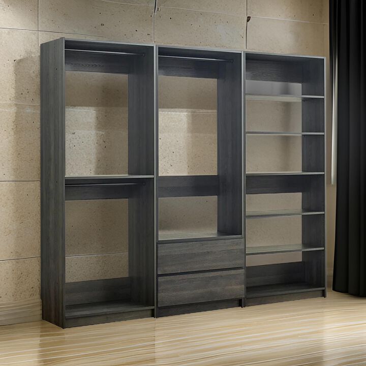 Dee Modular Closet System, 5 Floating Shelves, 2 Drawers, Black Wood - Benzara