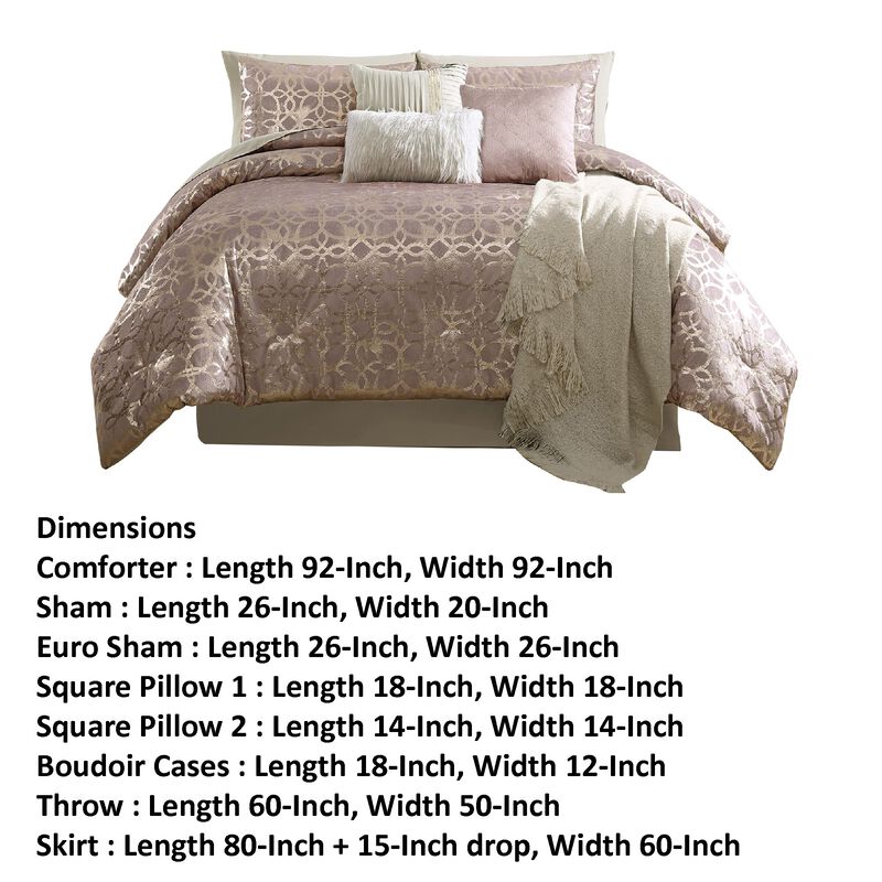 Eve 10 Piece Queen Size Poly Velvet Comforter Set, Foil Pattern, Blush Pink - Benzara