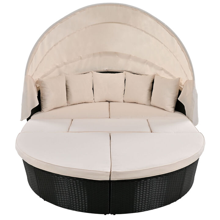 Whisen Outdoor Rattan Daybed Sunbed with Retractable Canopy Wicker Furniture, Round Outdoor Sectional Sofa Set