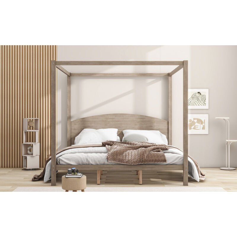 King Size Canopy Platform Bed With Headboard And Support Legs, Wash