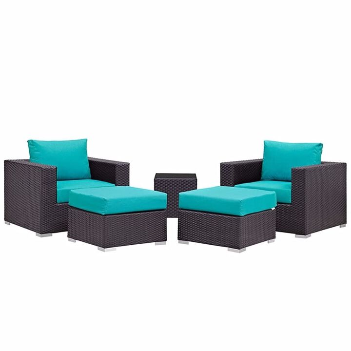 Convene 5 Piece Outdoor Patio Sectional Set - Espresso Turquoise