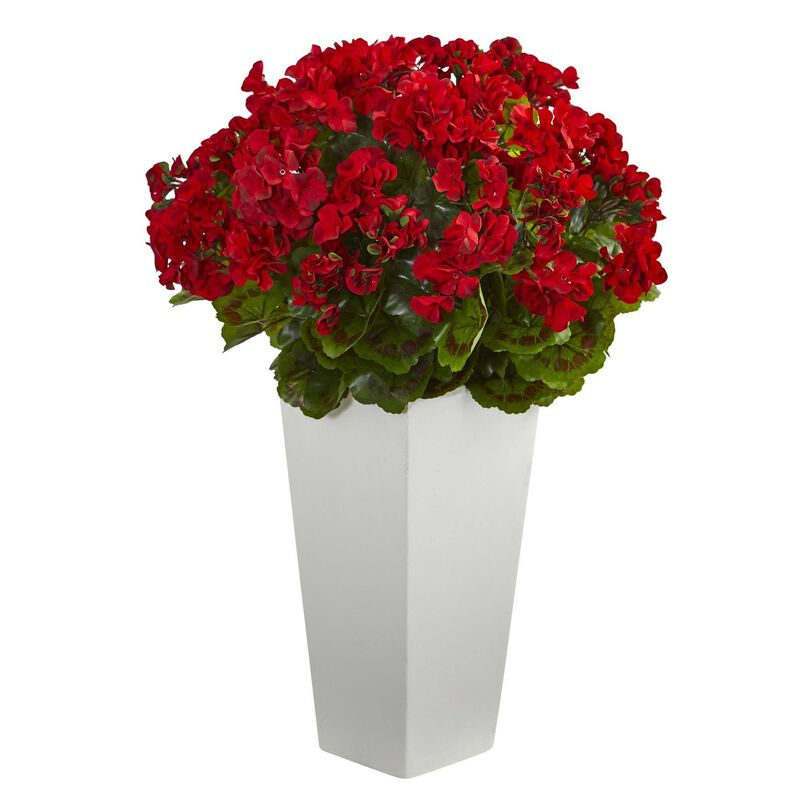 Nearly Natural 27-in Geranium in White Planter UV Resistant (Indoor/Outdoor)