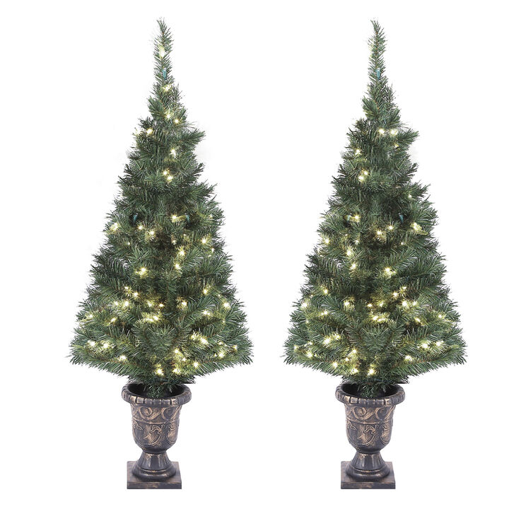LuxenHome Set of 2 4Ft Pre-Lit LED Artificial Pine Christmas Tree with Urn Pot