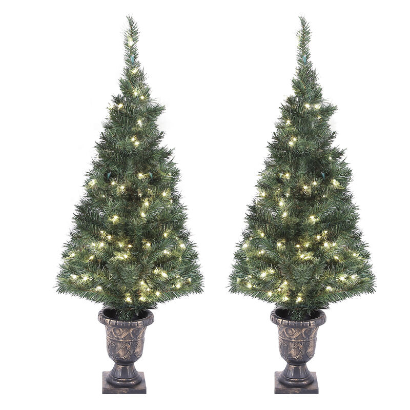 LuxenHome Set of 2 4Ft Pre-Lit LED Artificial Pine Christmas Tree with Urn Pot