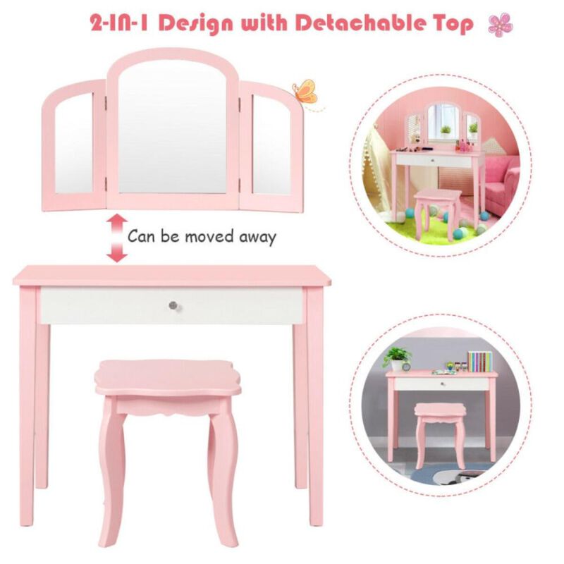 Hivvago Kids Princess Make Up Dressing Table with Tri-folding Mirror and Chair-Pink