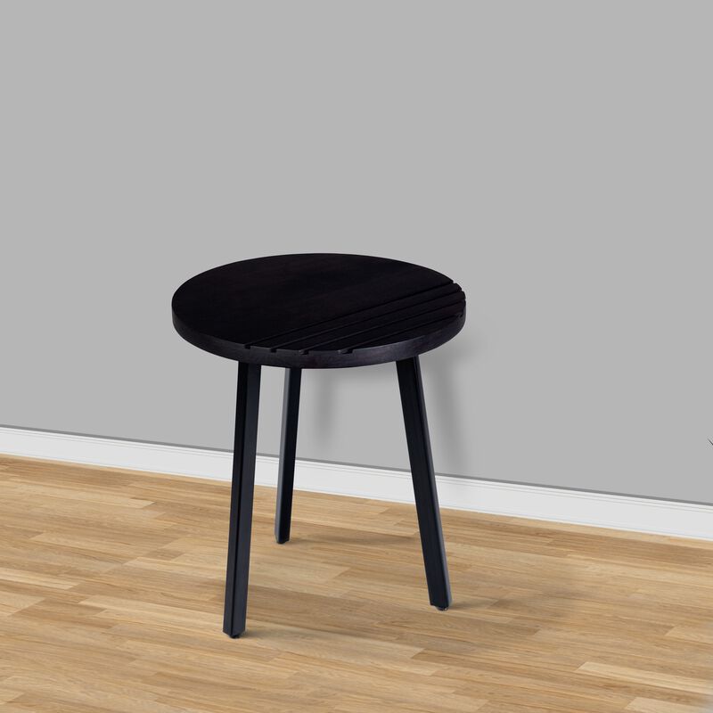 18 Inch Round Mango Wood Side End Table, Grooved Design, Metal Legs, Black-Benzara