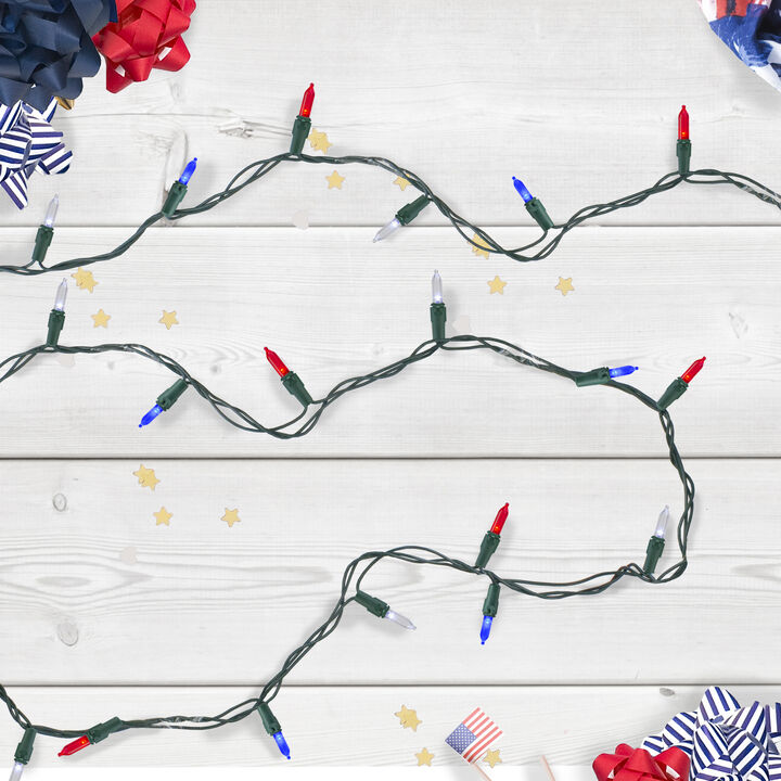 100 Count Red  White and Blue LED 4th of July String Lights  32.75 ft Green Wire