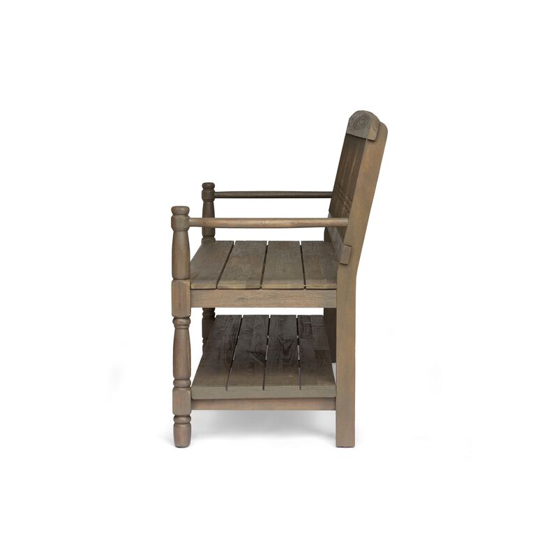 Ikra Outdoor Bench, Built-In Shelf, 51 Inch, Carved Gray Acacia Wood - Benzara