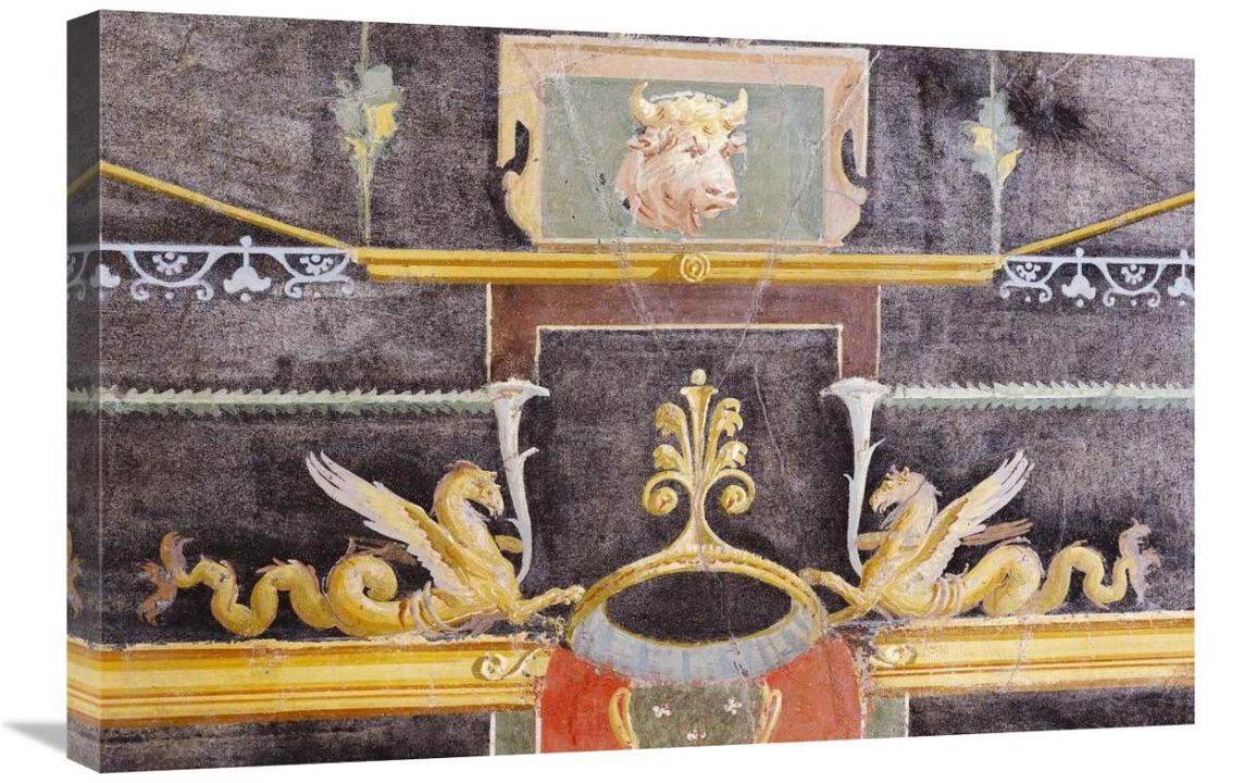 Wall Fragment with Bulls Head and Winged Sea Monsters on Black Ground-Canvas Art-30x20