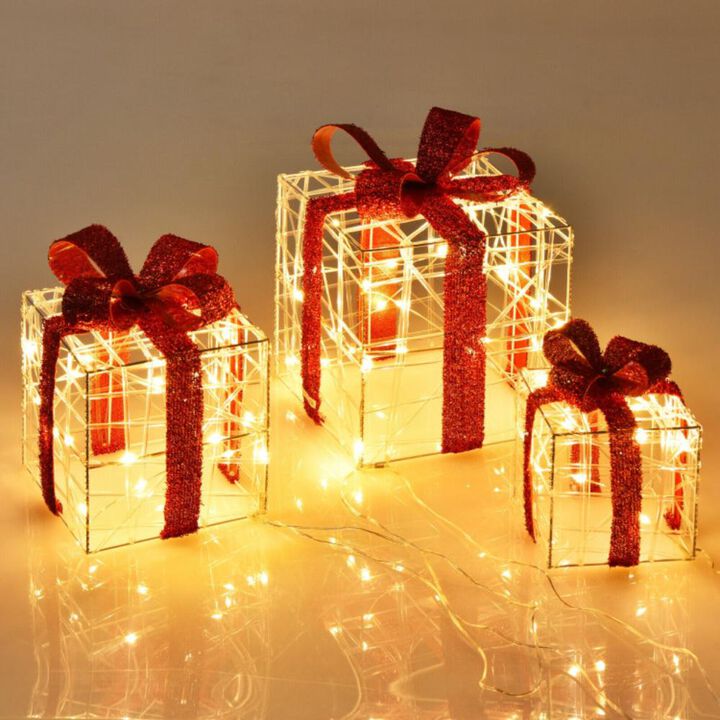 Hivvago 3 Pieces Christmas Lighted Gift Boxes Decorations with 60 LED Lights for Indoor and Outdoor