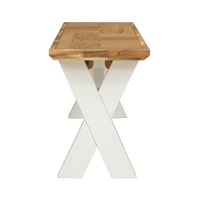 70 Inch Dining Bench, White X Leg Trestle Base, Acacia Wood, Brown Seat - Benzara