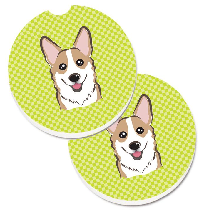 Caroline's Treasures Checkerboard Lime green Corgi Set of 2 Cup Holder Car Coasters BB1315CARC, 2.56, Multicolor