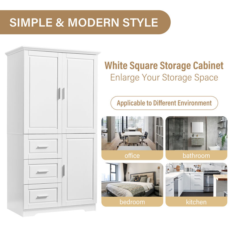 Tall And Wide Storage Cabinet With Doors For Bathroom/Office, Three Drawers, White