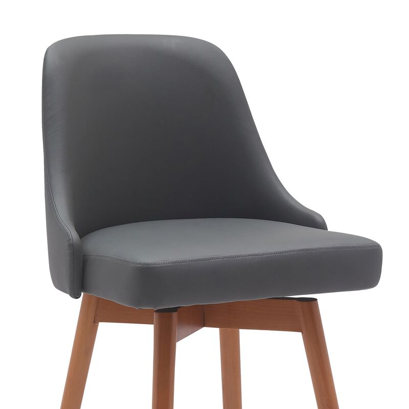 Sean 26 Inch Counter Stool Chair, Swivel, Parson, Gray Faux Leather, Brown - Benzara