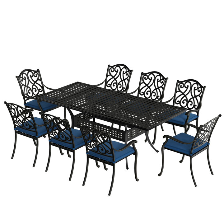 Mondawe 9 Piece Outdoor Dining Set Cast Aluminum with 1 Rectangle Expandable Table 8 Pieces Dining Chairs with Cushion Navy