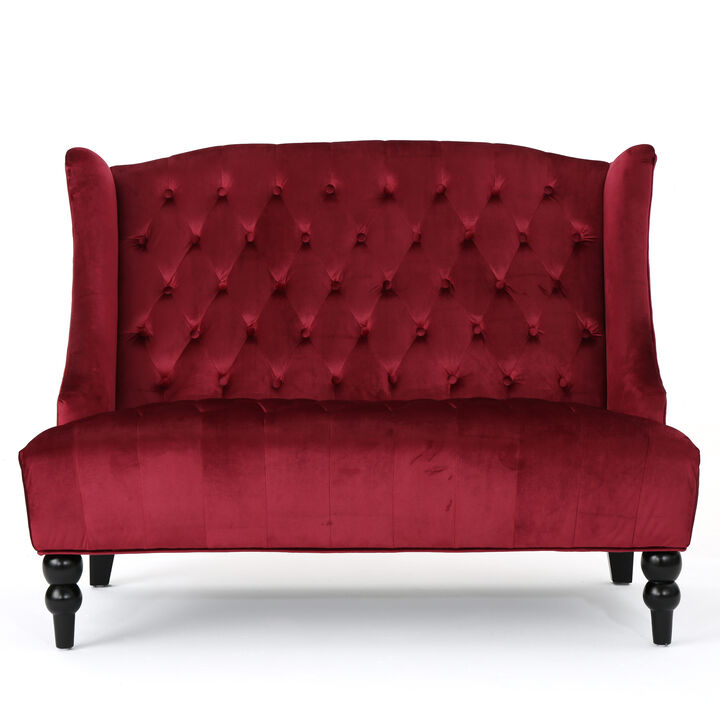 Lanny Loveseat Settee Wingback Bench Bench 50 Inch Tufted Wine Red Velvet - Benzara