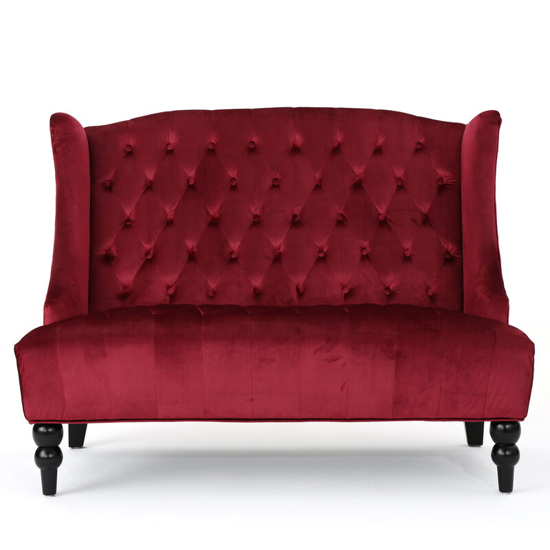 Lanny Loveseat Settee Wingback Bench Bench 50 Inch Tufted Wine Red Velvet - Benzara