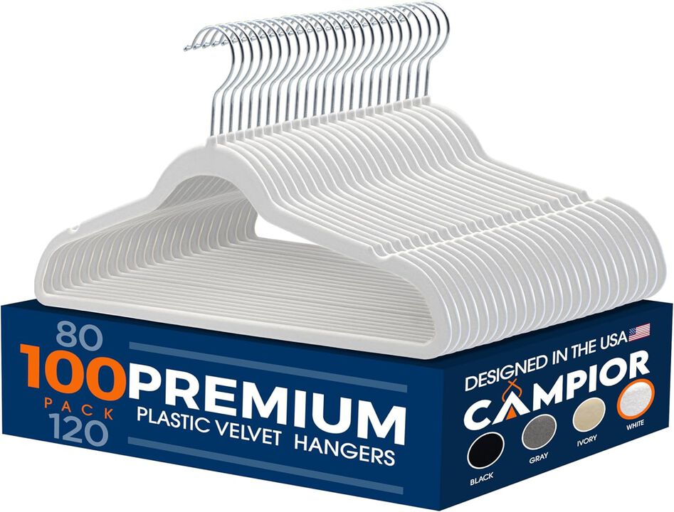 Premium Velvet Non-Slip Hangers for Clothes - Heavy Duty Coat Hanger Set with 360° Swivel Hook, Lightweight, Luxurious Velvet Finish, Versatile Hangers for Any Closet, Pack of 100 - White