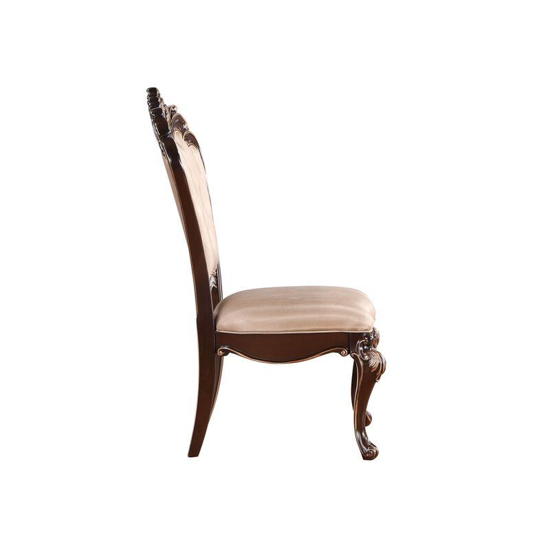 Leon 22 Inch Set of 2 Tufted Dining Chairs, Cherry Brown Wood, Beige Fabric - Benzara