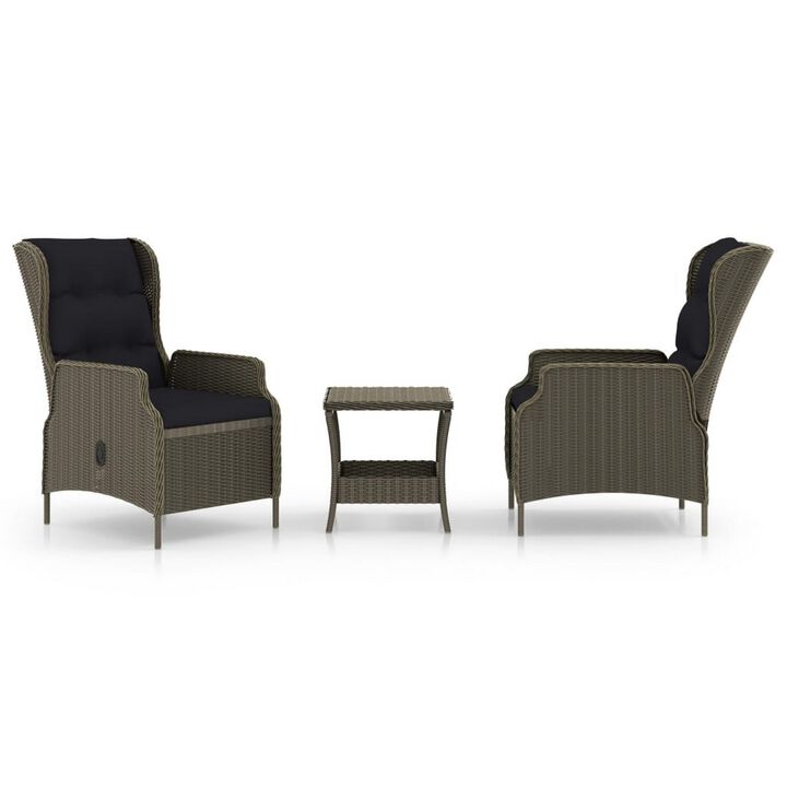 3pc Outdoor Lounge Chair Set with 1 End Table, Black, Brown Rattan - Benzara