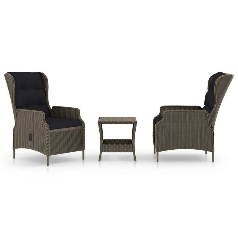 3pc Outdoor Lounge Chair Set with 1 End Table, Black, Brown Rattan - Benzara