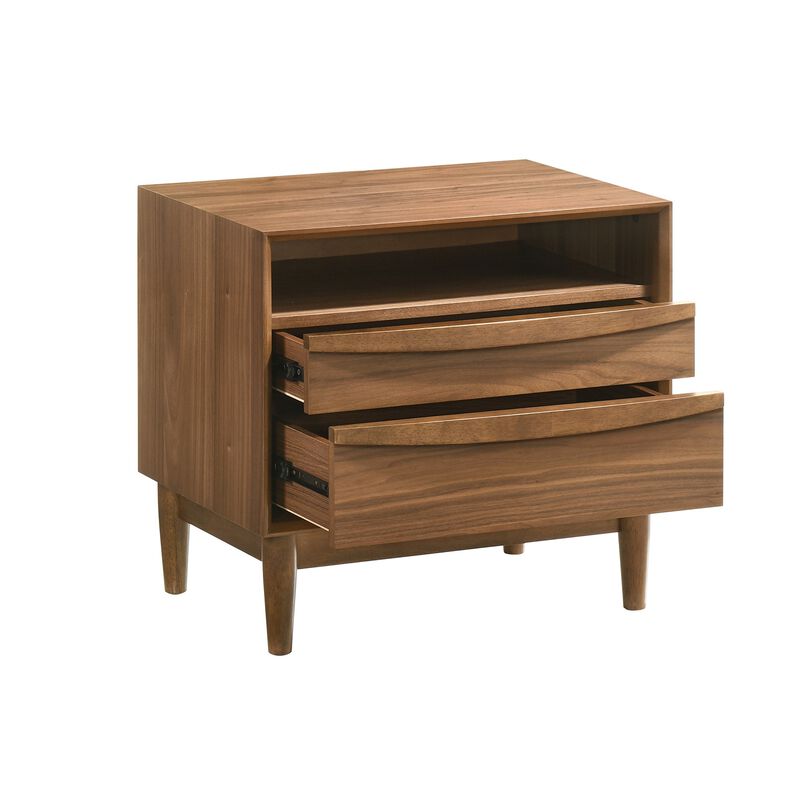 Mian 23 Inch Nightstand, 2 Drawer, Linear Undercut Handles, Wood, Walnut  - Benzara