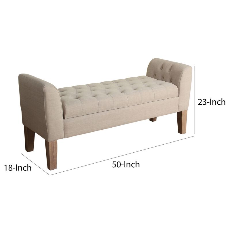 Fabric Upholstered Wooden Bench with Button Tufted Lift Top Storage, Beige - Benzara