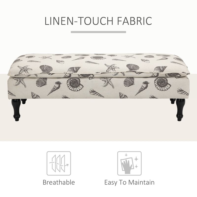 Beige Bedroom Bench: Linen-Touch Ottoman with Seashell Design