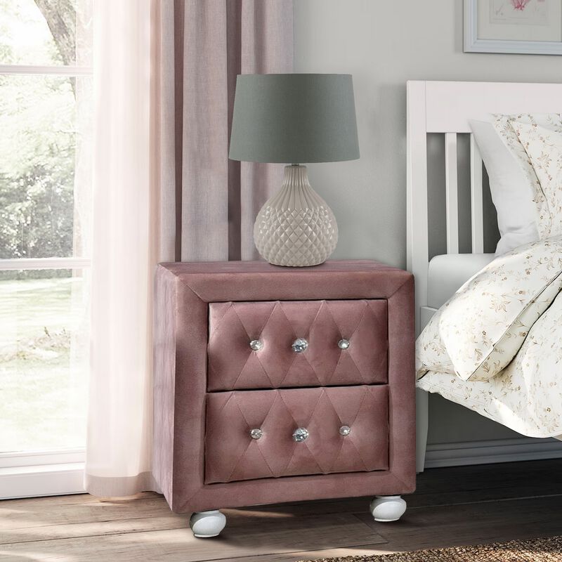 Rex 17 Inch Modern Upholstered Nightstand, 2 Drawer, Crystal Handles, Pink-Benzara