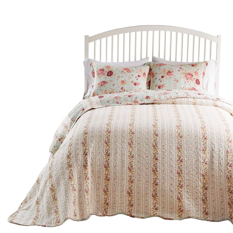Rosle 3pc Queen Bedspread Set, 2 Shams, Reversible Rose Print, Blue Cotton