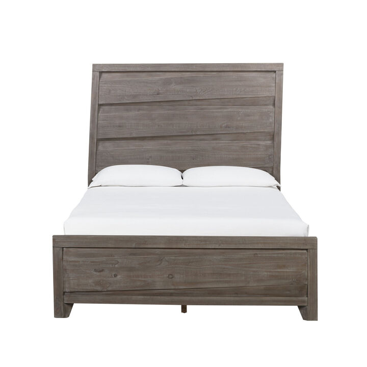 Vero Queen Size Bed, Roughhewn Washed Brown Wood, Asymmetric Panel Design - Benzara