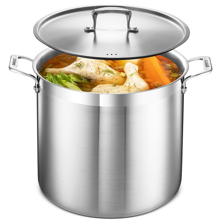 Stockpot - Brushed Stainless Steel – Heavy Duty Induction Pot with Lid and Riveted Handles – For Soup, Seafood, Stock, Canning and for Catering for Large Groups and Events by BAKKEN