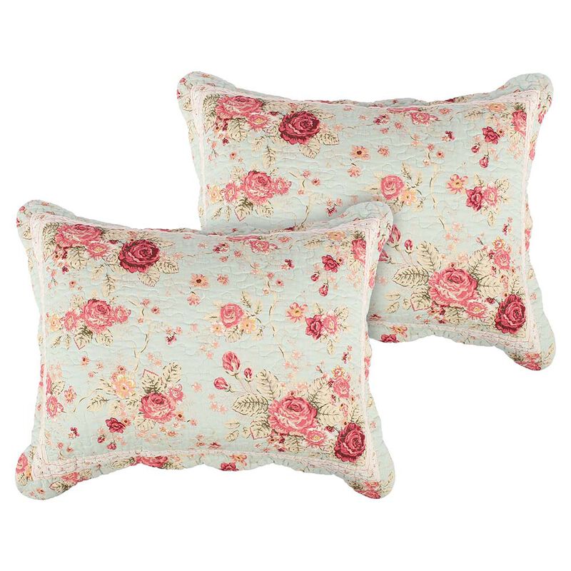 Greenland Home Antique Rose Floral Pinstripe Print with Dainty Scrolling Floral Sham King Blue