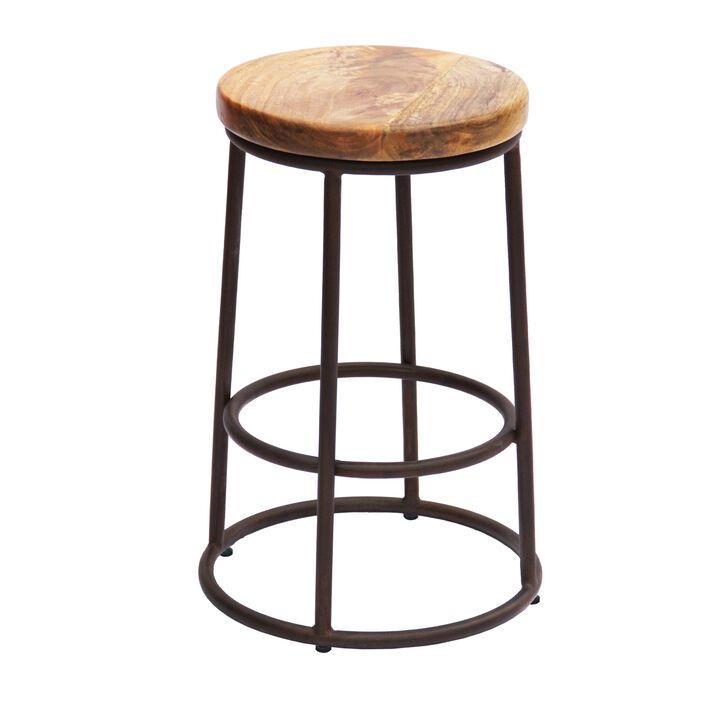 24 Inch Mango Wood Counter Height Barstool With Iron Base, Brown And Black-Benzara