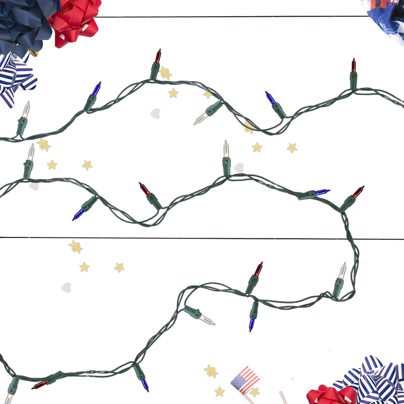 50 Count Red  White  Blue 4th of July Mini Light Set  10 ft Green Wire